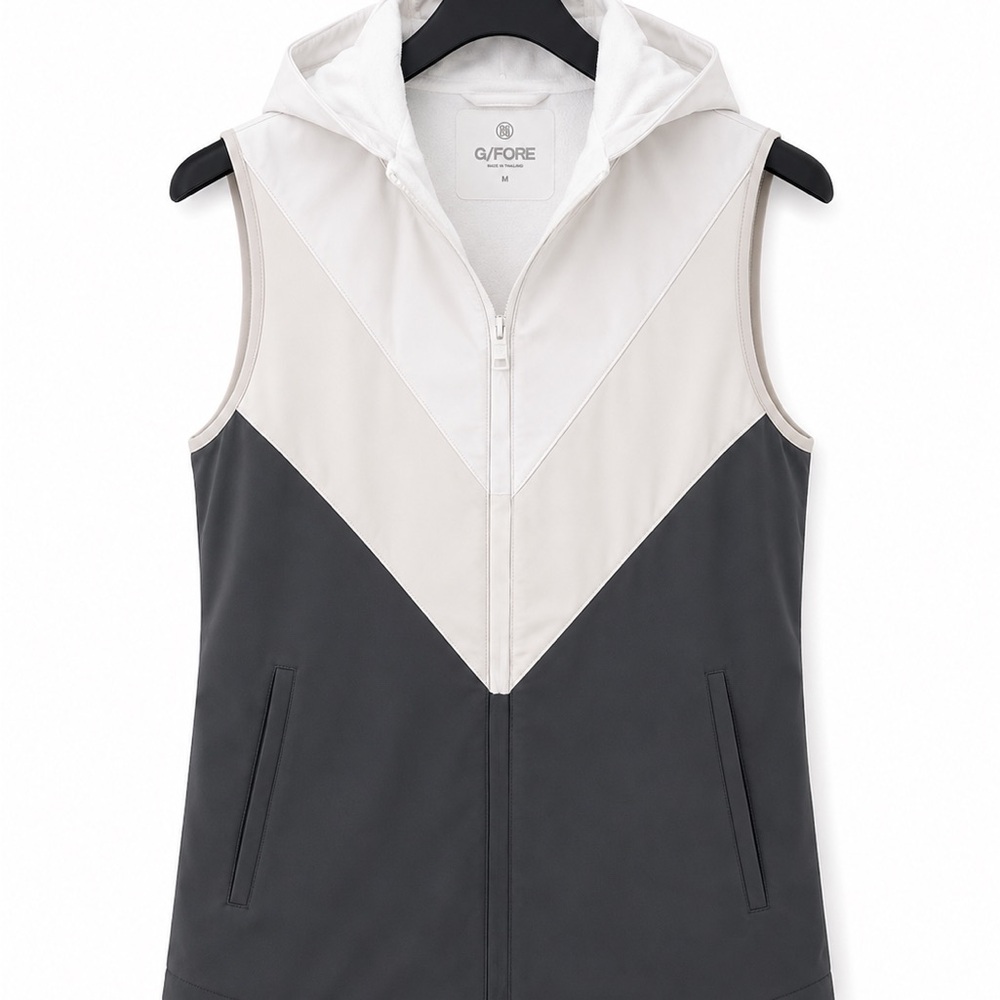 G/FORE Hooded Colorblock Sleeveless Vest in White, Cream and Charcoal